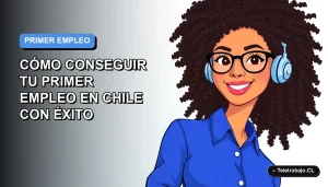 Ilustración plana vectorial de una mujer joven profesional con blusa azul y lentes, sonriendo, sobre un fondo degradado azul y blanco. Concepto de éxito laboral en Chile.