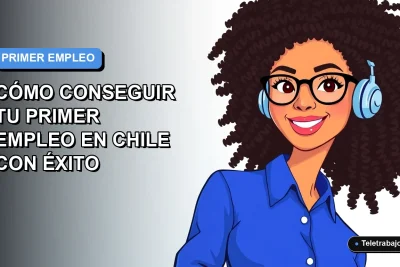 Ilustración plana vectorial de una mujer joven profesional con blusa azul y lentes, sonriendo, sobre un fondo degradado azul y blanco. Concepto de éxito laboral en Chile.