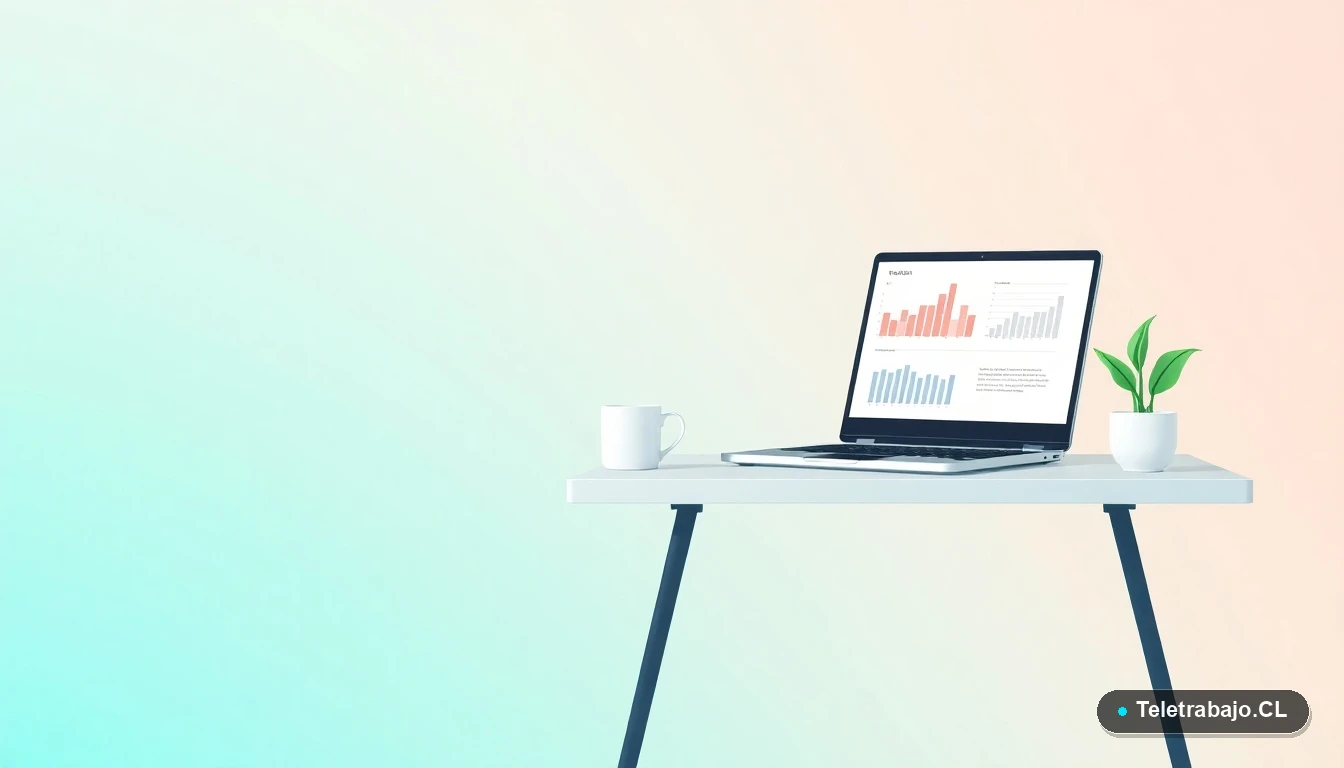 Escritorio moderno minimalista con laptop, gráficos en pantalla, taza de café y planta suculenta, ilustración plana vectorial sobre fondo degradado menta y verde azulado. Concepto de espacio de trabajo profesional y organizado.