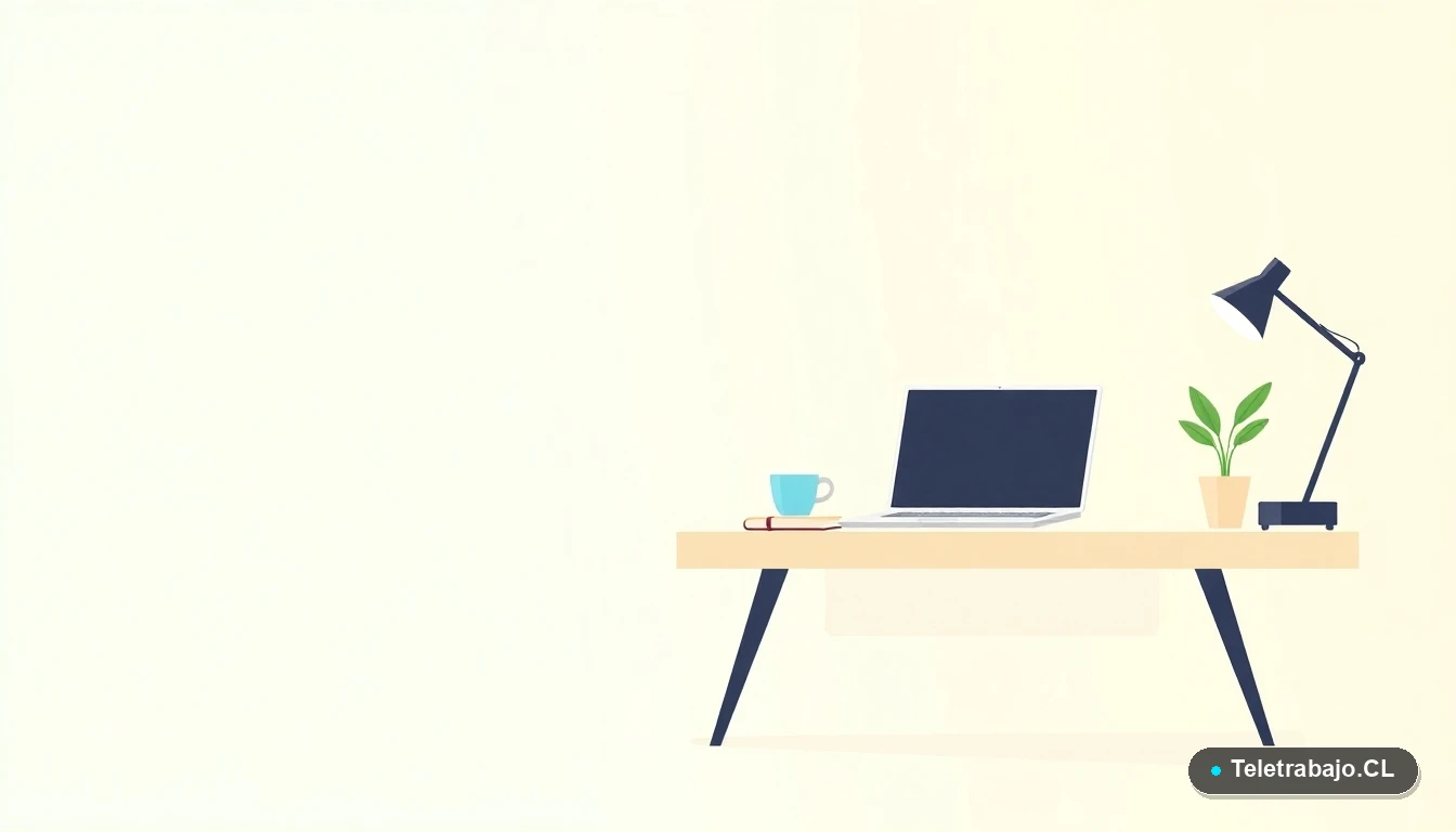 Escritorio moderno y minimalista con laptop y accesorios, ilustración plana estilo startup tecnológica.