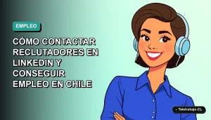 Ilustración plana corporativa de una mujer profesional chilena sonriente, con blusa azul y corte moderno, sobre fondo degradado verde azulado. Espacio negativo a la izquierda.