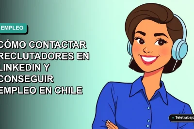 Ilustración plana corporativa de una mujer profesional chilena sonriente, con blusa azul y corte moderno, sobre fondo degradado verde azulado. Espacio negativo a la izquierda.