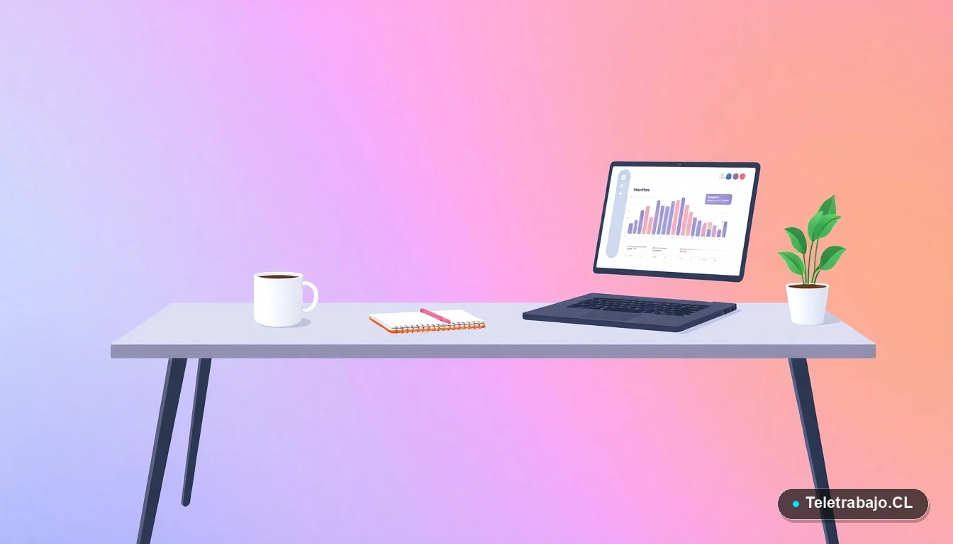 Escritorio moderno minimalista con laptop, taza de café y planta, estilo ilustración vectorial plana, sobre fondo degradado lila y durazno. Concepto de espacio de trabajo remoto.