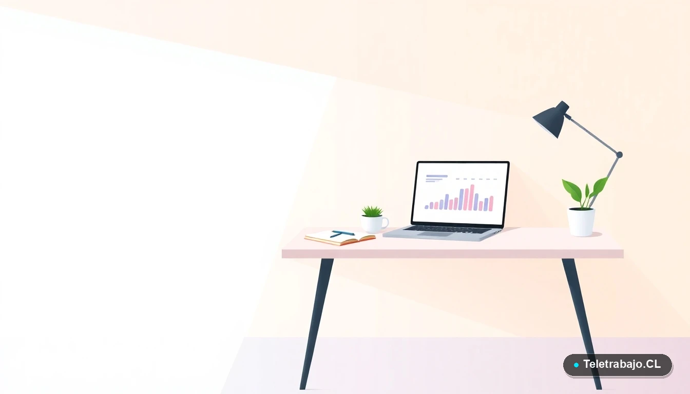 Escritorio moderno minimalista para trabajo remoto en casa, con laptop, taza de café y planta, sobre fondo degradado verde menta. Espacio negativo amplio.