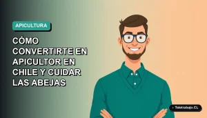 Ilustración plana vectorial de un apicultor chileno sonriente, con fondo degradado azul verdoso. Guía definitiva 2026 para el cuidado de abejas.