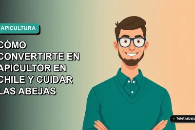 Ilustración plana vectorial de un apicultor chileno sonriente, con fondo degradado azul verdoso. Guía definitiva 2026 para el cuidado de abejas.