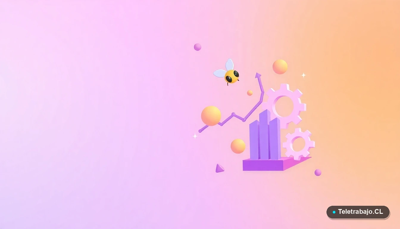 Composición abstracta de interfaz de usuario con iconos planos de un panal, una abeja, un gráfico y un engranaje, sobre fondo degradado lila. Concepto de apicultura moderna y datos.