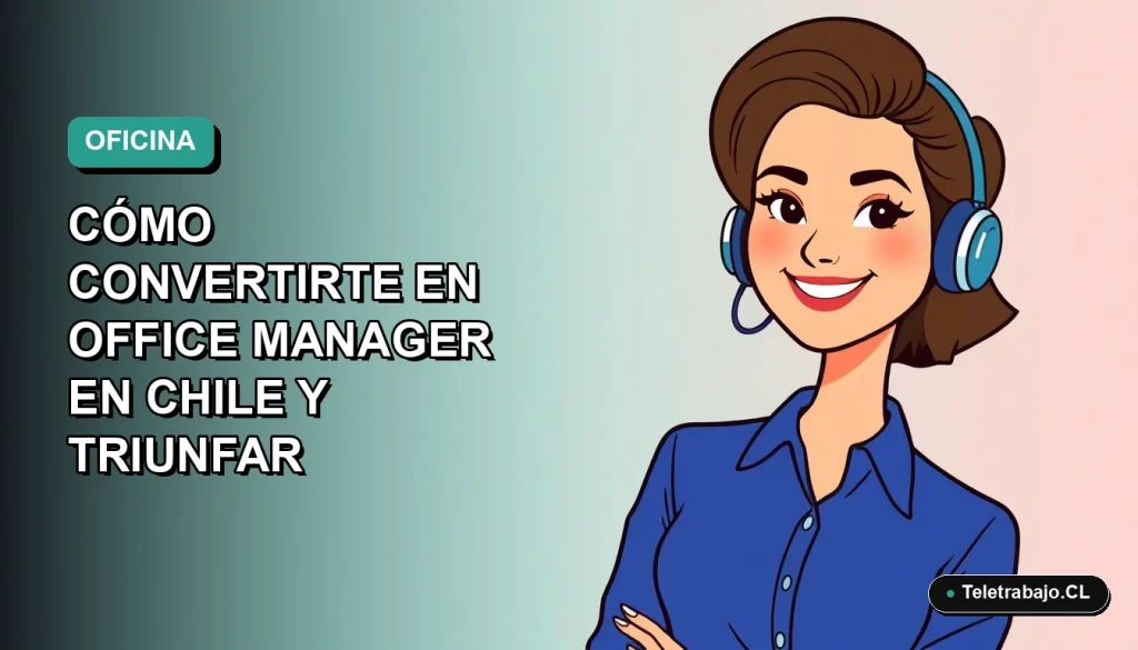 Ilustración vectorial plana de una mujer profesional chilena sonriendo, con blusa azul y corte de pelo moderno, sobre fondo degradado verde azulado. Representa el puesto de Office Manager.