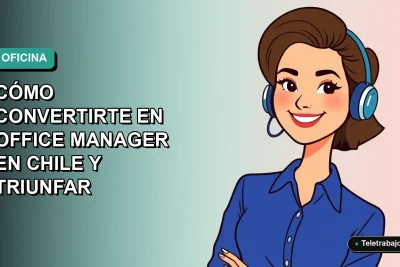 Ilustración vectorial plana de una mujer profesional chilena sonriendo, con blusa azul y corte de pelo moderno, sobre fondo degradado verde azulado. Representa el puesto de Office Manager.