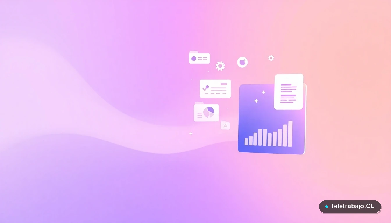 Ilustración abstracta de interfaz de usuario con gráficos flotantes y iconos de carpeta y engranaje, sobre fondo degradado lila, concepto de gestión y organización para Office Manager.