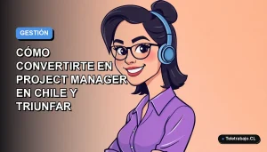 Ilustración plana corporativa de una mujer profesional chilena sonriendo, con fondo degradado azul y naranja, representando el éxito en gestión de proyectos.