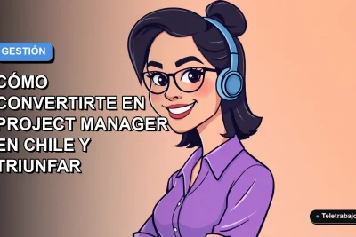 Ilustración plana corporativa de una mujer profesional chilena sonriendo, con fondo degradado azul y naranja, representando el éxito en gestión de proyectos.