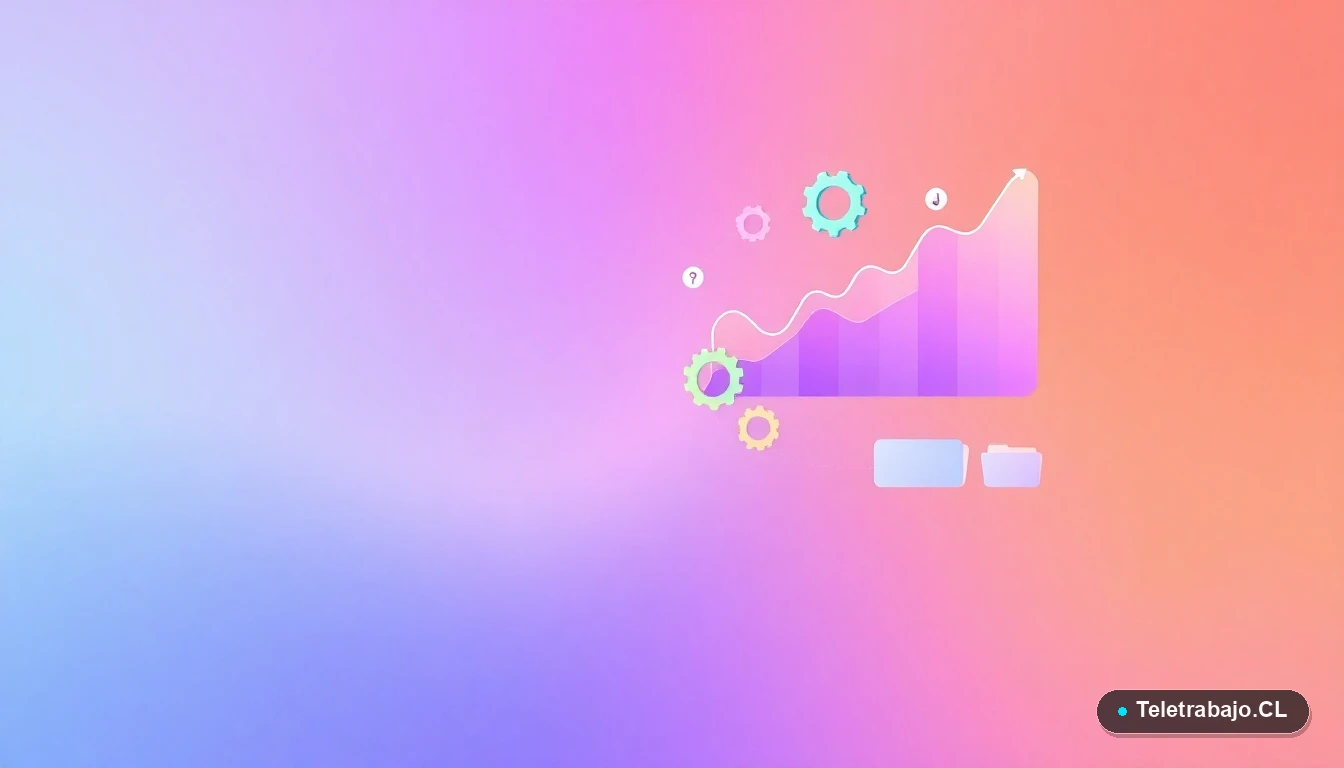 Elementos abstractos de interfaz de usuario tecnológica: gráficos, engranajes y carpetas flotantes, con fondo degradado de colores vibrantes, simbolizando herramientas de gestión de proyectos.