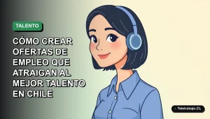 Ilustración plana corporativa de una mujer profesional chilena con blusa azul y pelo corto, sobre fondo degradado verde suave, representando la atracción de talento.