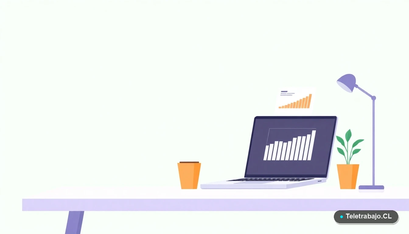 Escritorio moderno minimalista con laptop, gráficos y una planta, representando la creación de un CV profesional, ilustración plana corporativa.