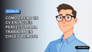 Ilustración vectorial plana de un trabajador remoto masculino con camisa azul y anteojos, sobre un fondo degradado azul y blanco, para una guía sobre crear un CV en inglés para Chile.