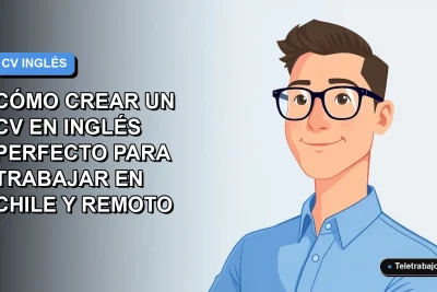 Ilustración vectorial plana de un trabajador remoto masculino con camisa azul y anteojos, sobre un fondo degradado azul y blanco, para una guía sobre crear un CV en inglés para Chile.