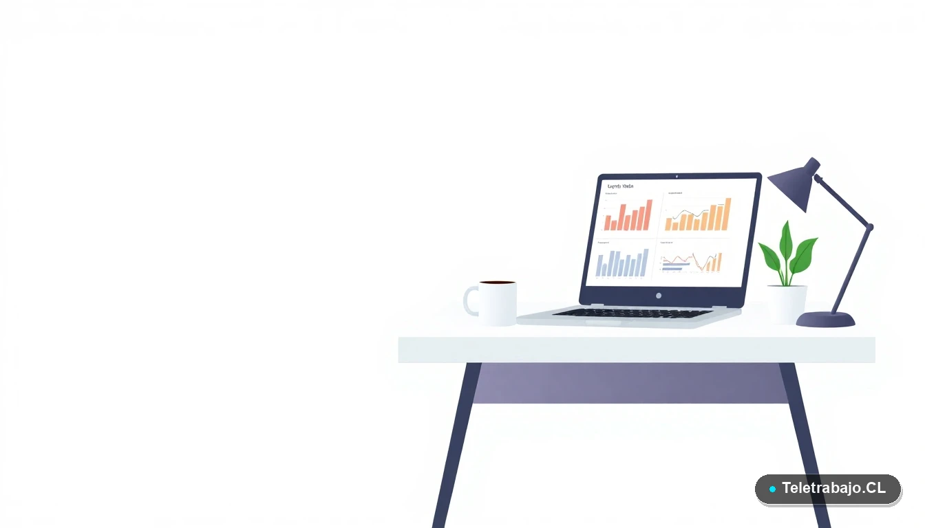 Ilustración vectorial de un escritorio moderno minimalista con laptop, gráficos abstractos, una taza de café y una planta, sobre fondo degradado verde menta, concepto de espacio de trabajo remoto.