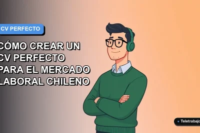 Ilustración vectorial plana de un trabajador remoto masculino con suéter verde, sobre un fondo degradado azul y gris, para una guía de currículum.