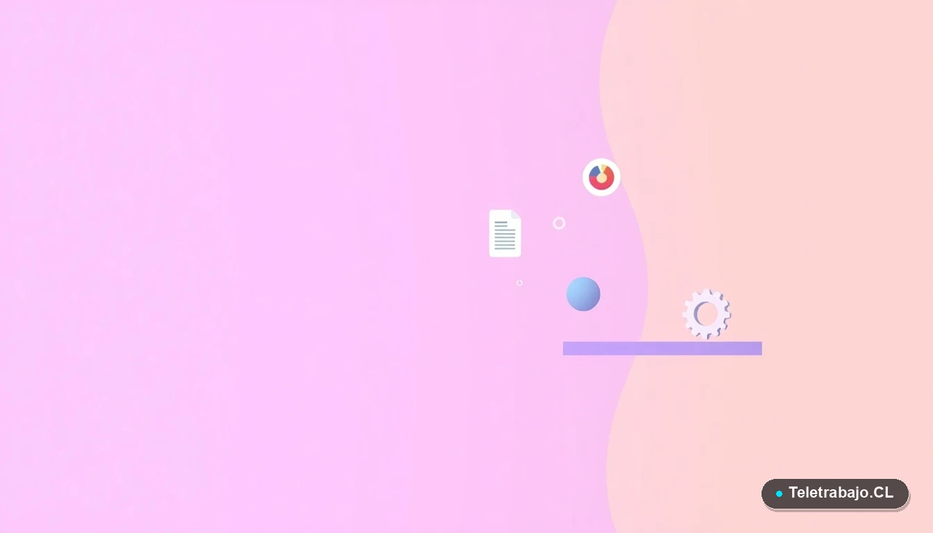 Ilustración de interfaz de usuario abstracta con gráficos y iconos flotantes, en estilo vectorial plano, sobre fondo degradado lila y durazno.