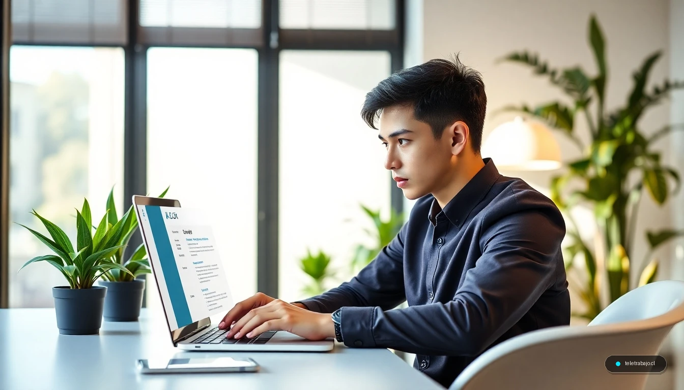 Joven profesional optimizando su currículum vitae sin experiencia en un portátil moderno
