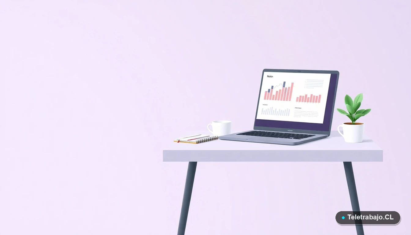 Ilustración vectorial de un escritorio moderno y minimalista con laptop, cuaderno, taza de café y una planta suculenta, sobre un fondo degradado lavanda y gris, representando un espacio de trabajo profesional.