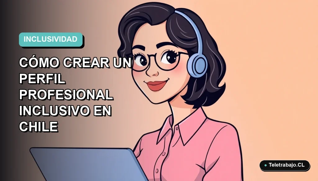 Guía definitiva 2026 para crear un perfil profesional inclusivo en Chile, ilustración vectorial plana de mujer profesional de teletrabajo con fondo degradado moderno.