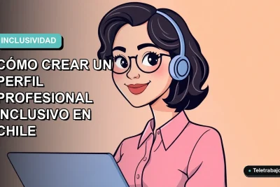 Guía definitiva 2026 para crear un perfil profesional inclusivo en Chile, ilustración vectorial plana de mujer profesional de teletrabajo con fondo degradado moderno.