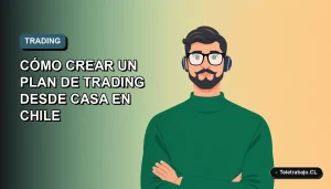 Ilustración vectorial plana de un hombre profesional trabajando desde casa en Chile, creando un plan de trading en su laptop. Fondo con gradiente suave de azul petróleo.