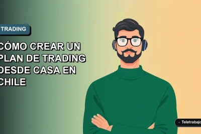 Ilustración vectorial plana de un hombre profesional trabajando desde casa en Chile, creando un plan de trading en su laptop. Fondo con gradiente suave de azul petróleo.