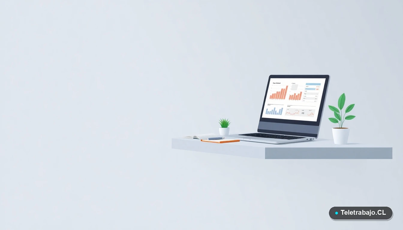 Escritorio moderno minimalista con laptop, gráficos de trading, cuaderno y planta, representando un espacio de trabajo profesional desde casa en Chile.