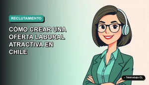 Ilustración plana de mujer profesional chilena sonriendo, fondo degradado azul verdoso, concepto de guía para crear ofertas de trabajo
