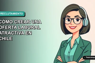 Ilustración plana de mujer profesional chilena sonriendo, fondo degradado azul verdoso, concepto de guía para crear ofertas de trabajo