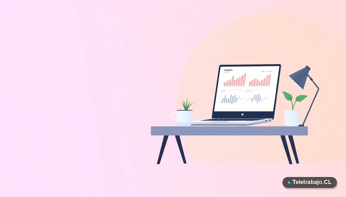 Escritorio moderno minimalista con laptop, gráficos abstractos, planta y taza de café, fondo degradado lila y durazno, concepto de espacio de trabajo profesional