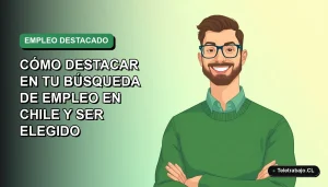 Ilustración plana vectorial de un hombre profesional chileno sonriendo, con suéter verde, sobre fondo degradado suave, concepto de búsqueda de trabajo exitosa.