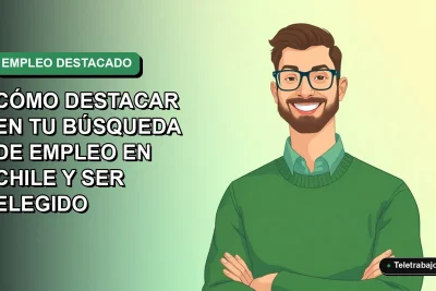 Ilustración plana vectorial de un hombre profesional chileno sonriendo, con suéter verde, sobre fondo degradado suave, concepto de búsqueda de trabajo exitosa.