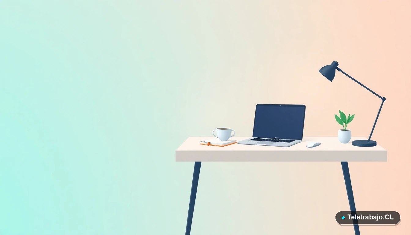 Escritorio moderno minimalista con laptop, cuaderno, taza de café y planta, ilustración plana vectorial sobre fondo degradado teal, concepto de espacio de trabajo profesional.