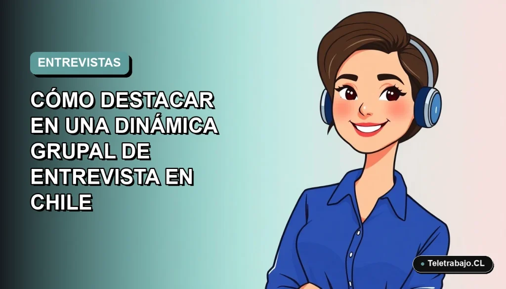 Ilustración vectorial plana de estilo Corporate Memphis de una mujer profesional chilena con blusa azul y pelo corto, destacando en una entrevista grupal, sobre fondo degradado suave teal.