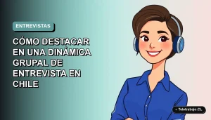 Ilustración vectorial plana de estilo Corporate Memphis de una mujer profesional chilena con blusa azul y pelo corto, destacando en una entrevista grupal, sobre fondo degradado suave teal.