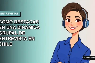 Ilustración vectorial plana de estilo Corporate Memphis de una mujer profesional chilena con blusa azul y pelo corto, destacando en una entrevista grupal, sobre fondo degradado suave teal.