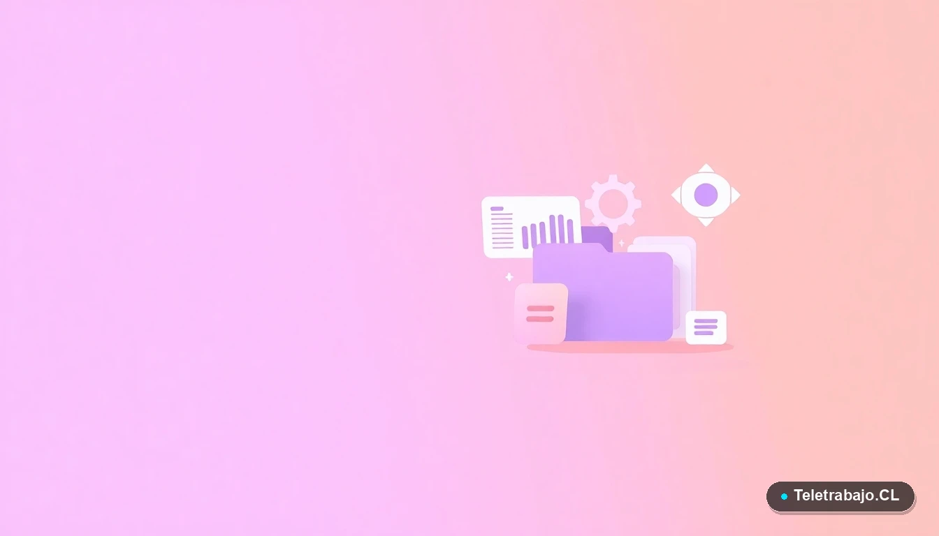 Composición abstracta de interfaz de usuario tecnológica con gráficos flotantes, un engranaje y carpetas minimalistas en colores lavanda y durazno, sobre fondo degradado, concepto de dinámica grupal y colaboración.