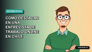 Ilustración plana vectorial de un hombre profesional con suéter verde sonriendo, fondo degradado azul verdoso, concepto de entrevista de trabajo remoto.