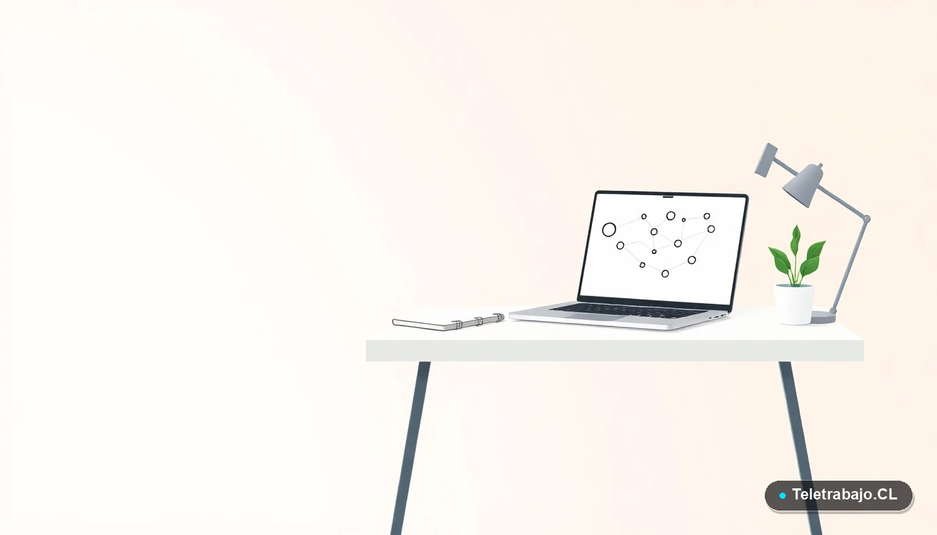 Escritorio moderno minimalista con laptop, cuaderno y planta, fondo degradado suave, concepto de espacio de trabajo preparado para una videollamada.