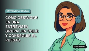 Ilustración vectorial plana de una mujer profesional chilena en una entrevista grupal remota, con fondo degradado suave.