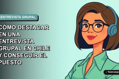Ilustración vectorial plana de una mujer profesional chilena en una entrevista grupal remota, con fondo degradado suave.