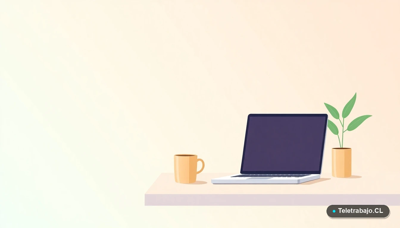 Escritorio moderno minimalista con laptop, planta y taza de café, ilustración vectorial para artículo sobre entrevistas de trabajo.