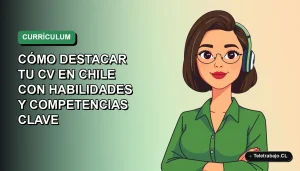 Ilustración plana corporativa de una mujer profesional chilena sonriente, con blusa verde, junto a elementos de oficina moderna, sobre fondo degradado azul y verde. Espacio negativo a la izquierda.