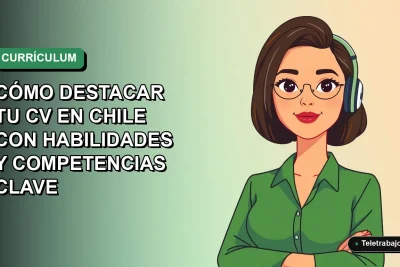 Ilustración plana corporativa de una mujer profesional chilena sonriente, con blusa verde, junto a elementos de oficina moderna, sobre fondo degradado azul y verde. Espacio negativo a la izquierda.