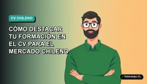 Ilustración vectorial plana estilo Corporate Memphis de un trabajador masculino con suéter verde mirando confiado, sobre fondo degradado azul verdoso, para guía de currículum en Chile.
