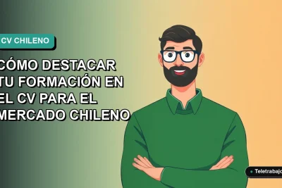 Ilustración vectorial plana estilo Corporate Memphis de un trabajador masculino con suéter verde mirando confiado, sobre fondo degradado azul verdoso, para guía de currículum en Chile.